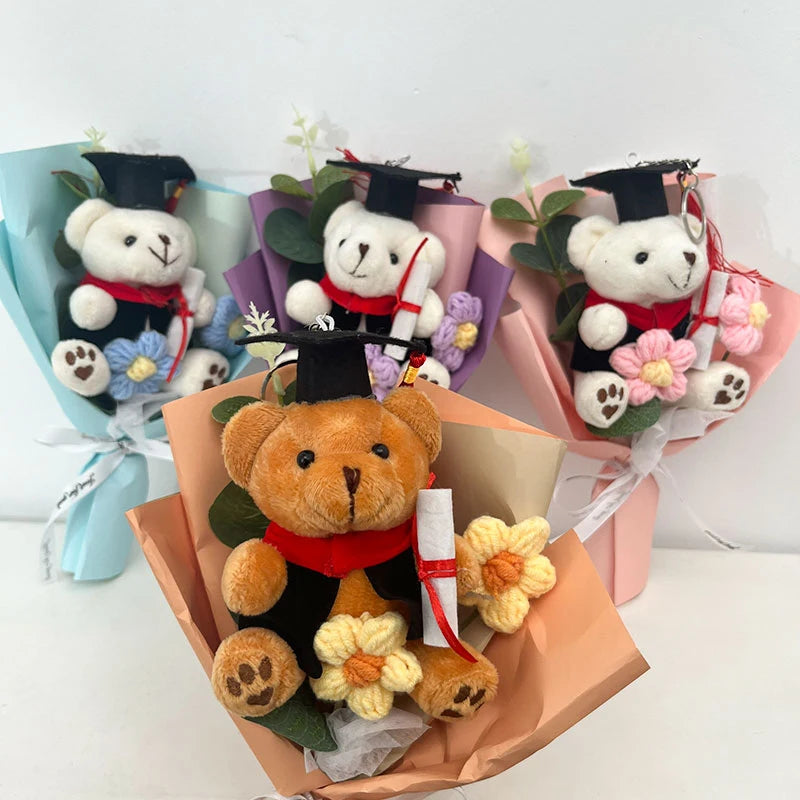 A bouquet of handcrafted crochet flowers and teddy bears in various colors and packaging.