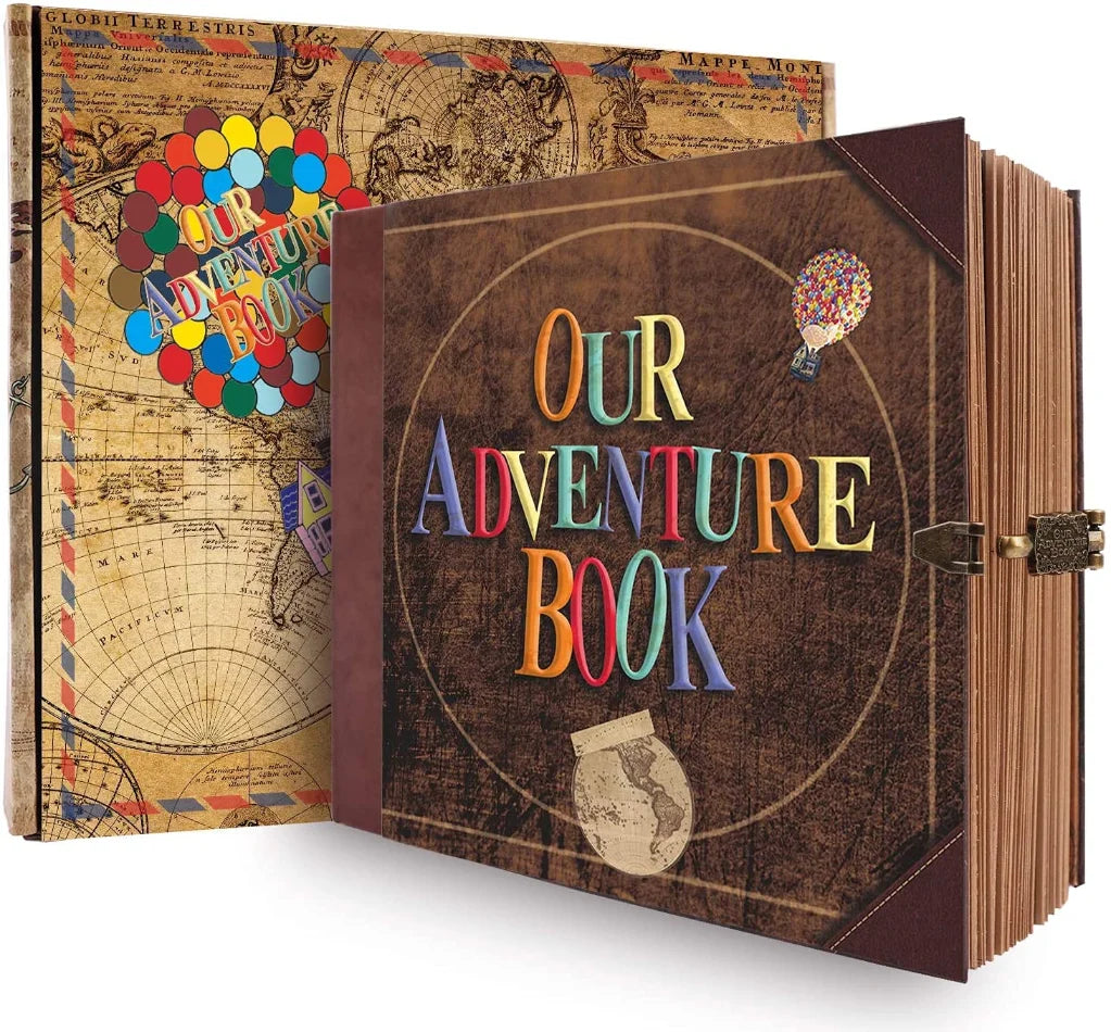 A brown handmade photo scrapbook album titled Our Adventure Book featuring old map illustrations and colorful buttons.