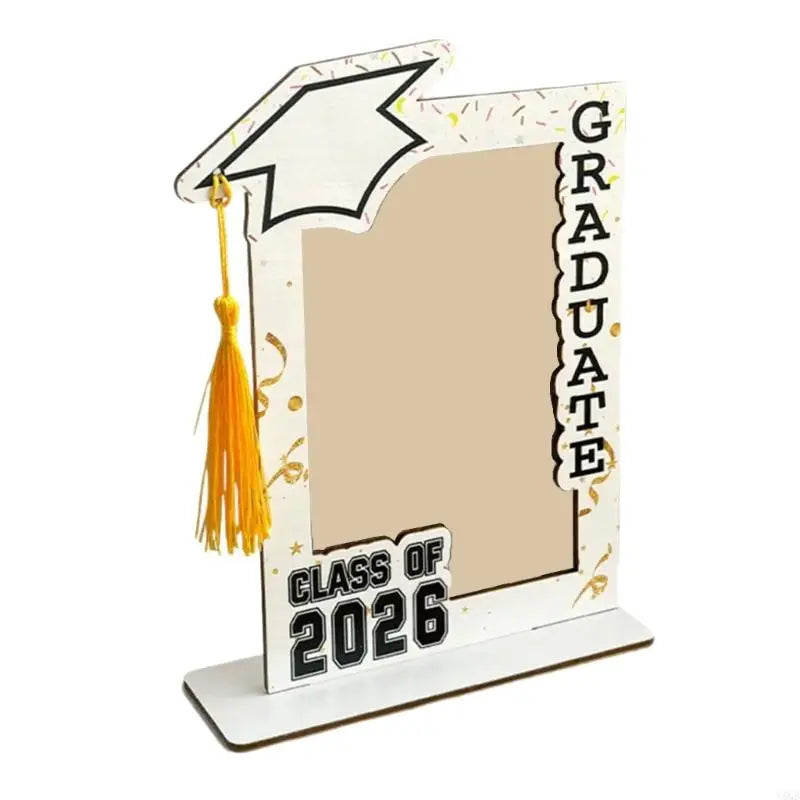 An elegant graduation photo frame with a black and gold design featuring a graduation cap shape.