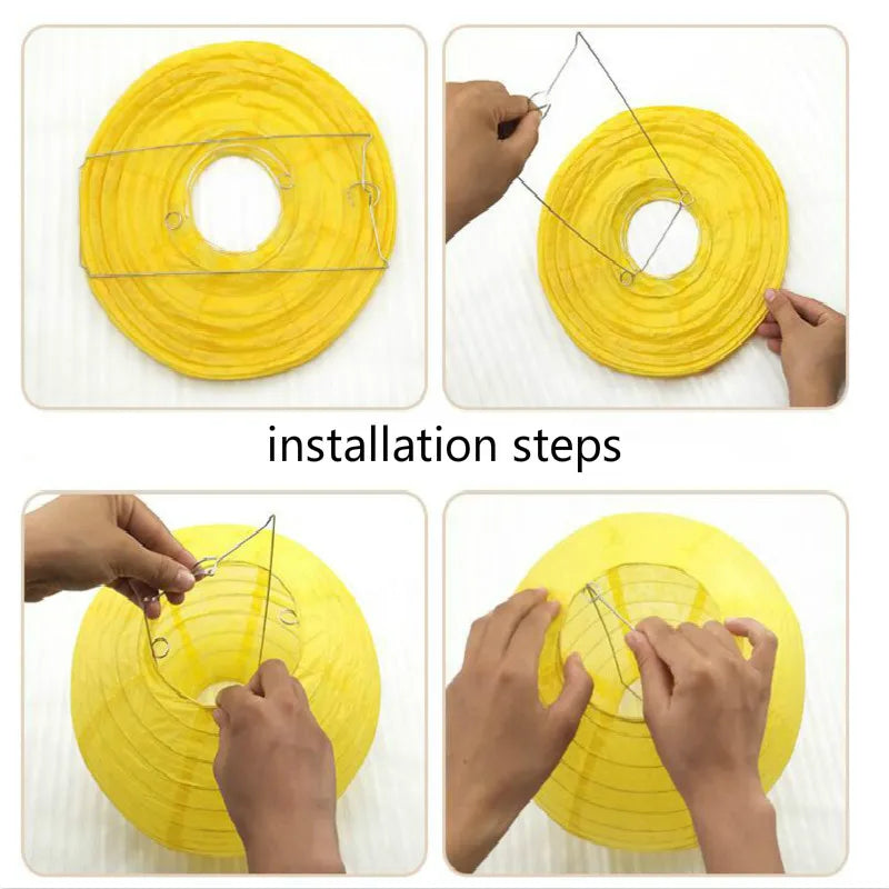 Installation steps showing how to assemble a yellow paper lantern product