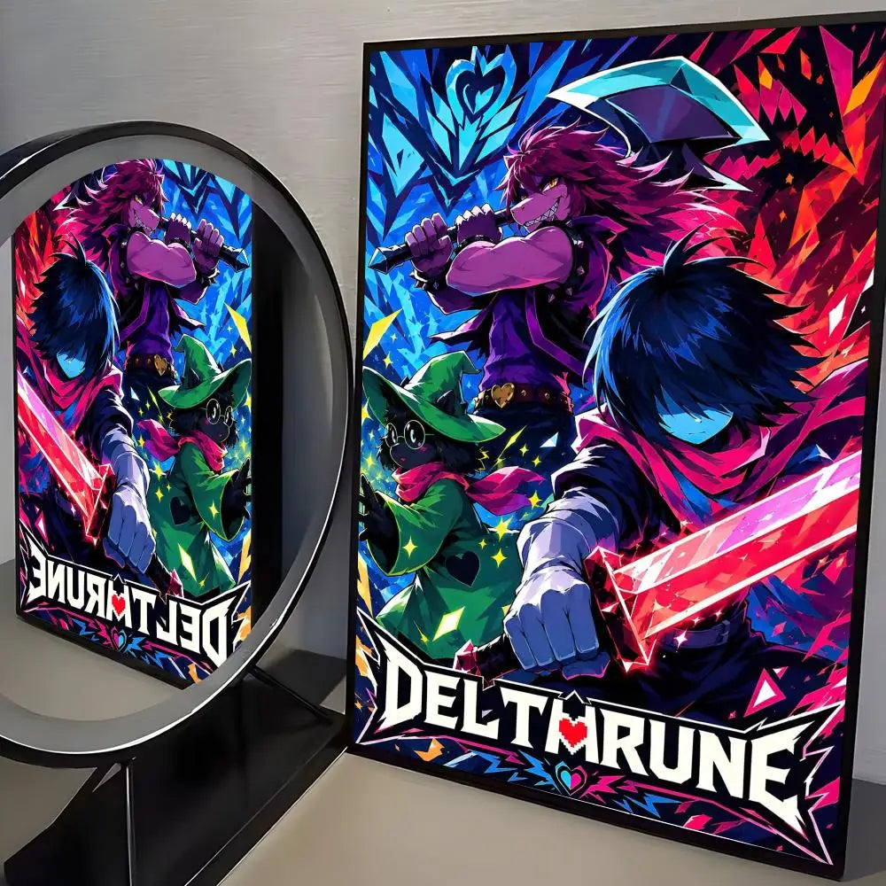 A vibrant poster featuring a Deltarune character with purple hair and a blue umbrella against a dark background.