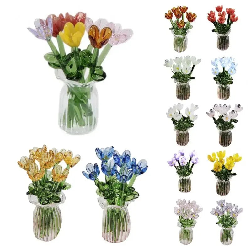 Hand-Blown Glass Flower Bouquet with Vase
