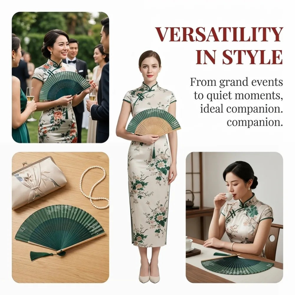 A woman models an elegant bamboo folding fan in a floral print, showcasing versatility in style.