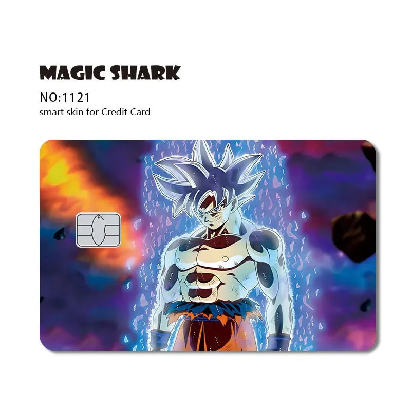 A graphic design featuring a Dragon Ball Super Saiyan character on a card skin for credit cards.