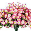 A bouquet of pink and white artificial morning glory flowers with green eucalyptus stems.