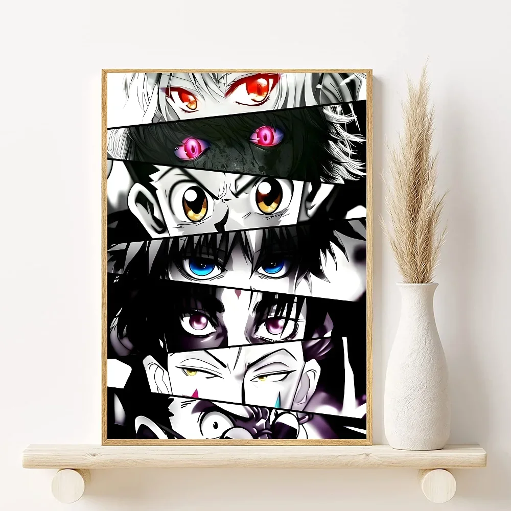 Canvas wall art featuring a dark, stylized illustration of Hunter x Hunter characters Gon, Killua, and Hisoka.