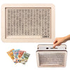 A wooden money saving box with a grid tracker for various denominations of currency.