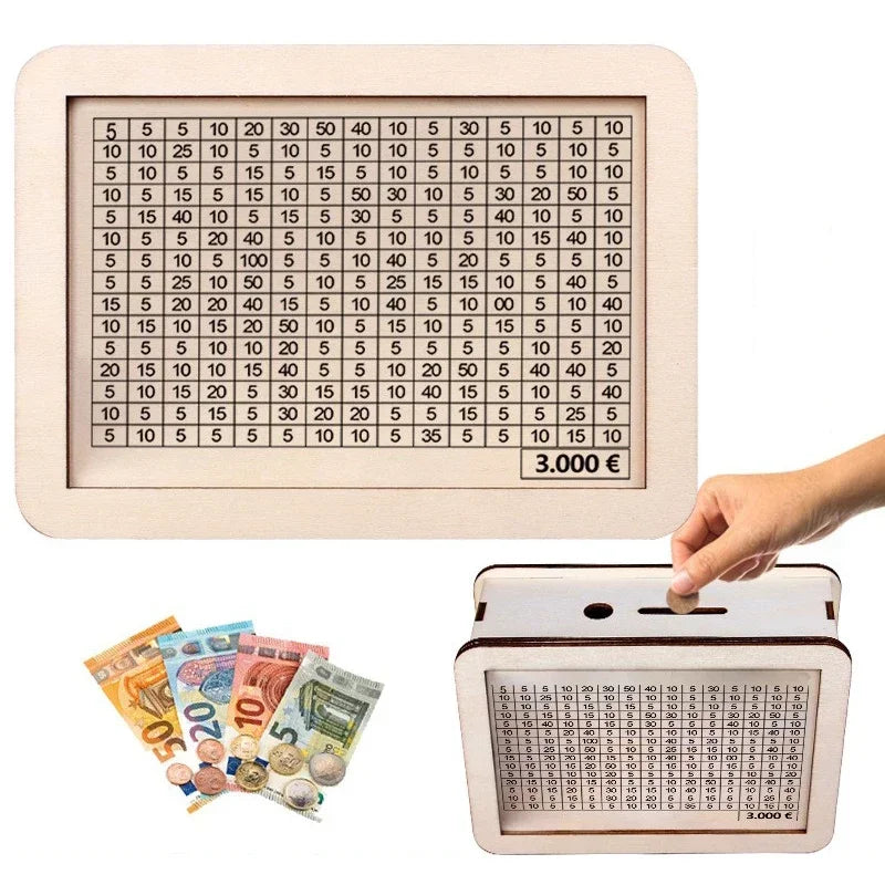 A wooden money saving box with a grid tracker for various denominations of currency.