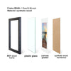 A set of four framed items including an MDF wood frame, plastic glass, canvas poster, and synthetic wood backboard.