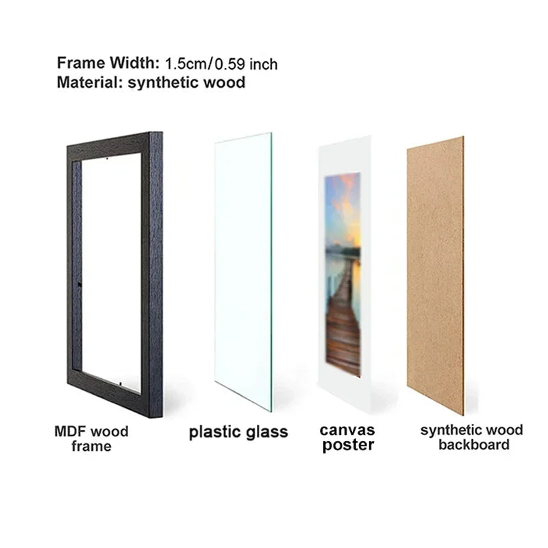 A set of four framed items including an MDF wood frame, plastic glass, canvas poster, and synthetic wood backboard.