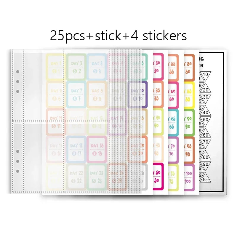 Carpeta de desafío A5 para presupuestos con 25 piezas, un palillo y cuatro pegatinas.
