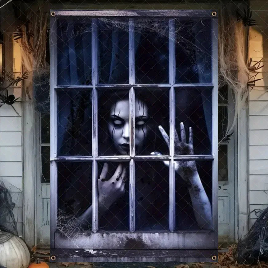 A dark, spooky window banner featuring a ghostly face peering through a grid of panes.