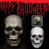 A realistic skull face is featured against a black background with dripping red text that reads HAPPY HALLOWEEN.