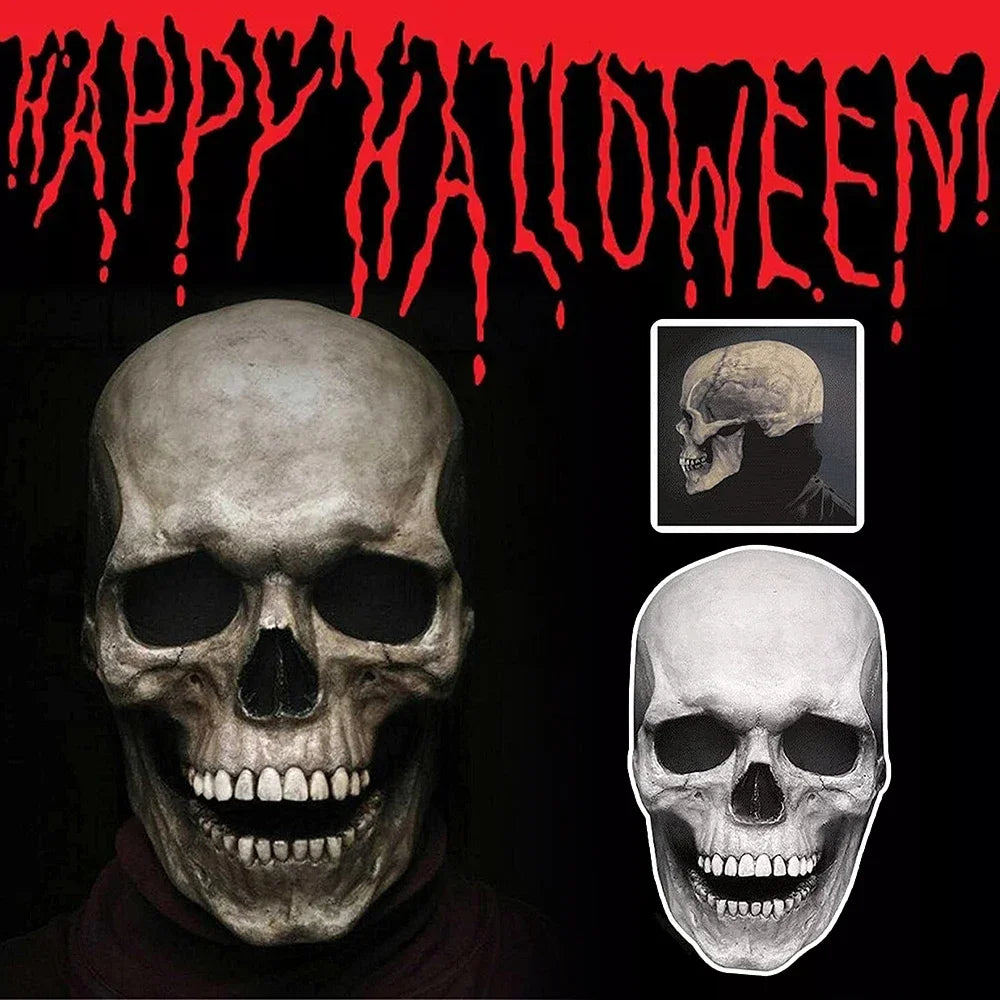 A realistic skull face is featured against a black background with dripping red text that reads HAPPY HALLOWEEN.