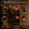 A decorative solar Halloween moon featuring a black cat and dual glowing jack-o'-lanterns.