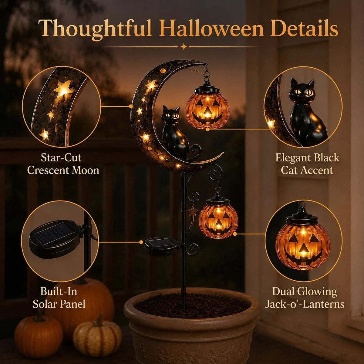 A decorative solar Halloween moon featuring a black cat and dual glowing jack-o'-lanterns.