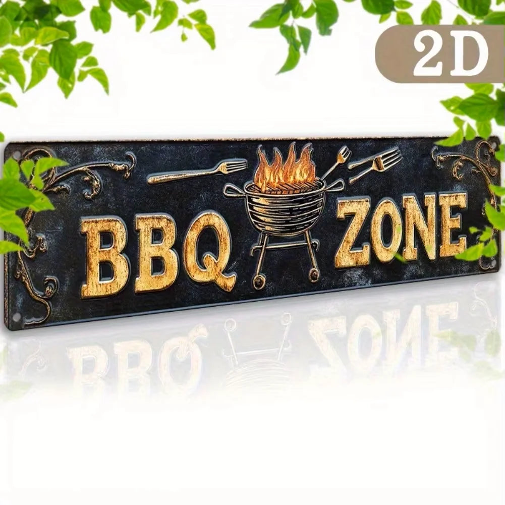 A vintage metal sign with the text BBQ ZONE and a grill icon, mounted on a dark background.