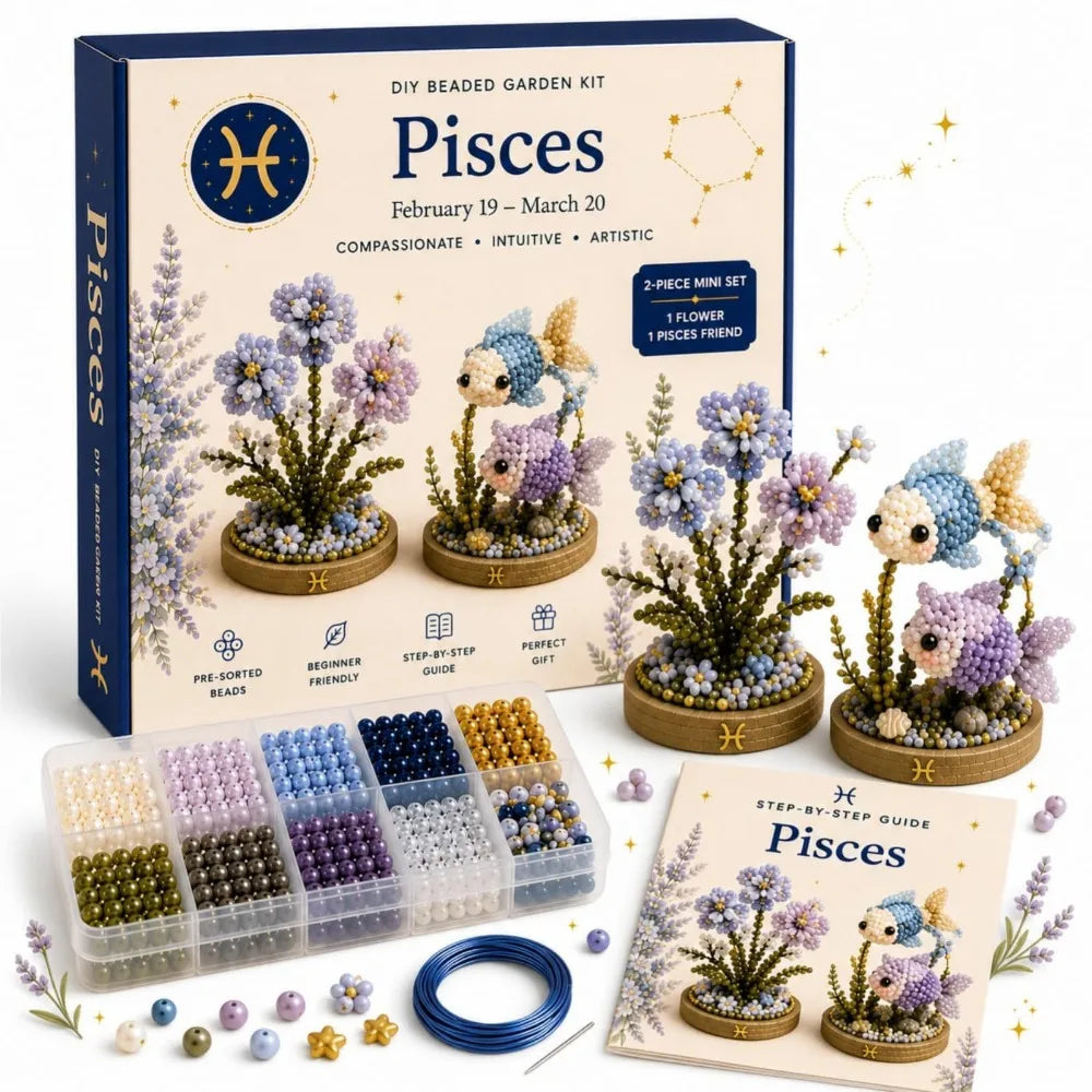 A box of Pisces DIY bead kit featuring glass beads, flowers, and a guide for crafting.