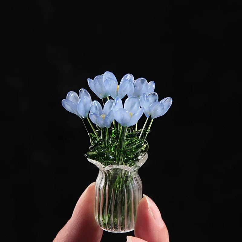 Hand-Blown Glass Flower Bouquet with Vase