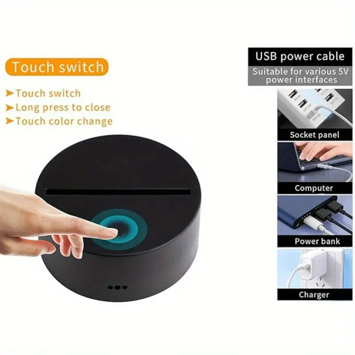 A hand touches a black electronic device with a finger to change the color, demonstrating its touch switch feature.