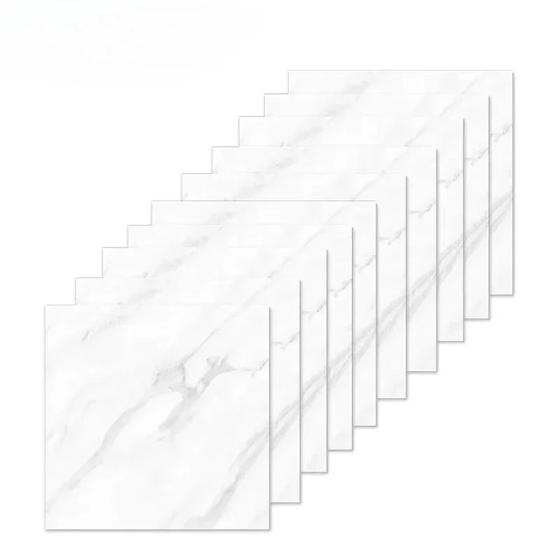 A set of white marble effect self-adhesive wall stickers shown in a diagonal arrangement.