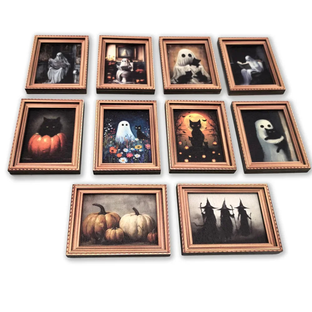 A set of 10 framed Halloween decor items featuring ghosts, cats, and pumpkins in various styles.