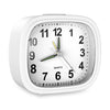 A white analog alarm clock face showing the time, with a silver casing and black numbers.