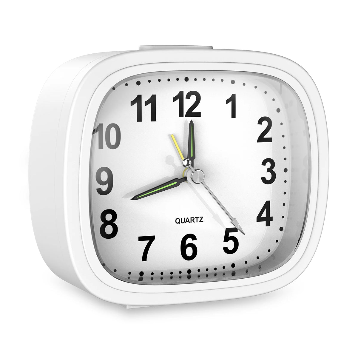 A white analog alarm clock face showing the time, with a silver casing and black numbers.