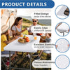 A woman is using a white stretch tablecloth on an outdoor table for dining or events.