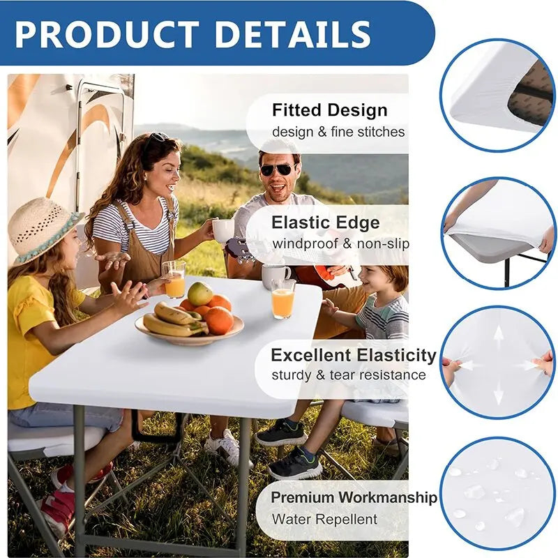 A woman is using a white stretch tablecloth on an outdoor table for dining or events.