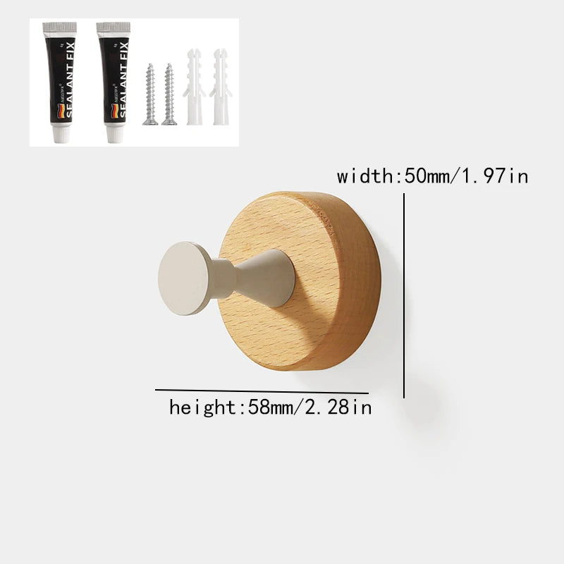 Solid beech wood wall hook rack with four hooks, showing the product dimensions and various hook styles.