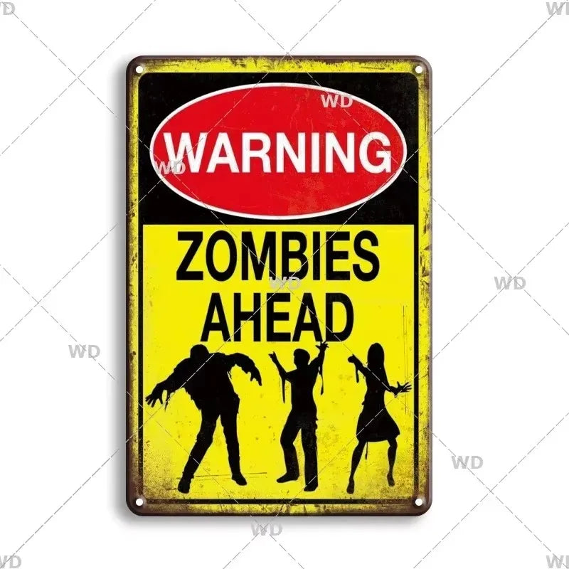 Vintage nuclear fuel storage tin sign with a yellow background and red warning circle featuring the text ZOMBIES AHEAD