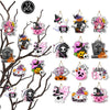 A set of Halloween hanging ornaments featuring ghosts, pumpkins, and skeletons in various colors and designs.