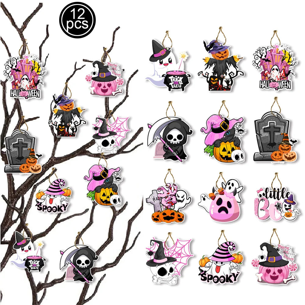 A set of Halloween hanging ornaments featuring ghosts, pumpkins, and skeletons in various colors and designs.