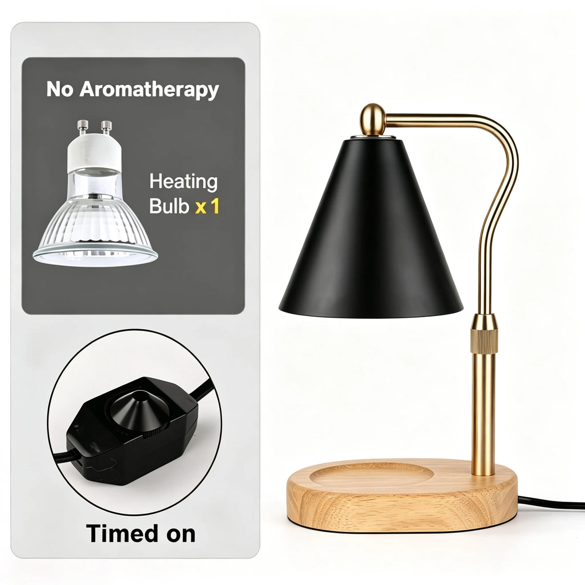 A black adjustable flameless candle warmer lamp with a brass finish and wooden base, shown next to its power cord.
