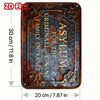 A rectangular, aged metal sign with distressed orange and dark patina, featuring the text Asylum for Criminally Insane.