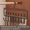 A wall-mounted metal coat rack with a wooden bar and eight hooks designed for storing items in wardrobes.