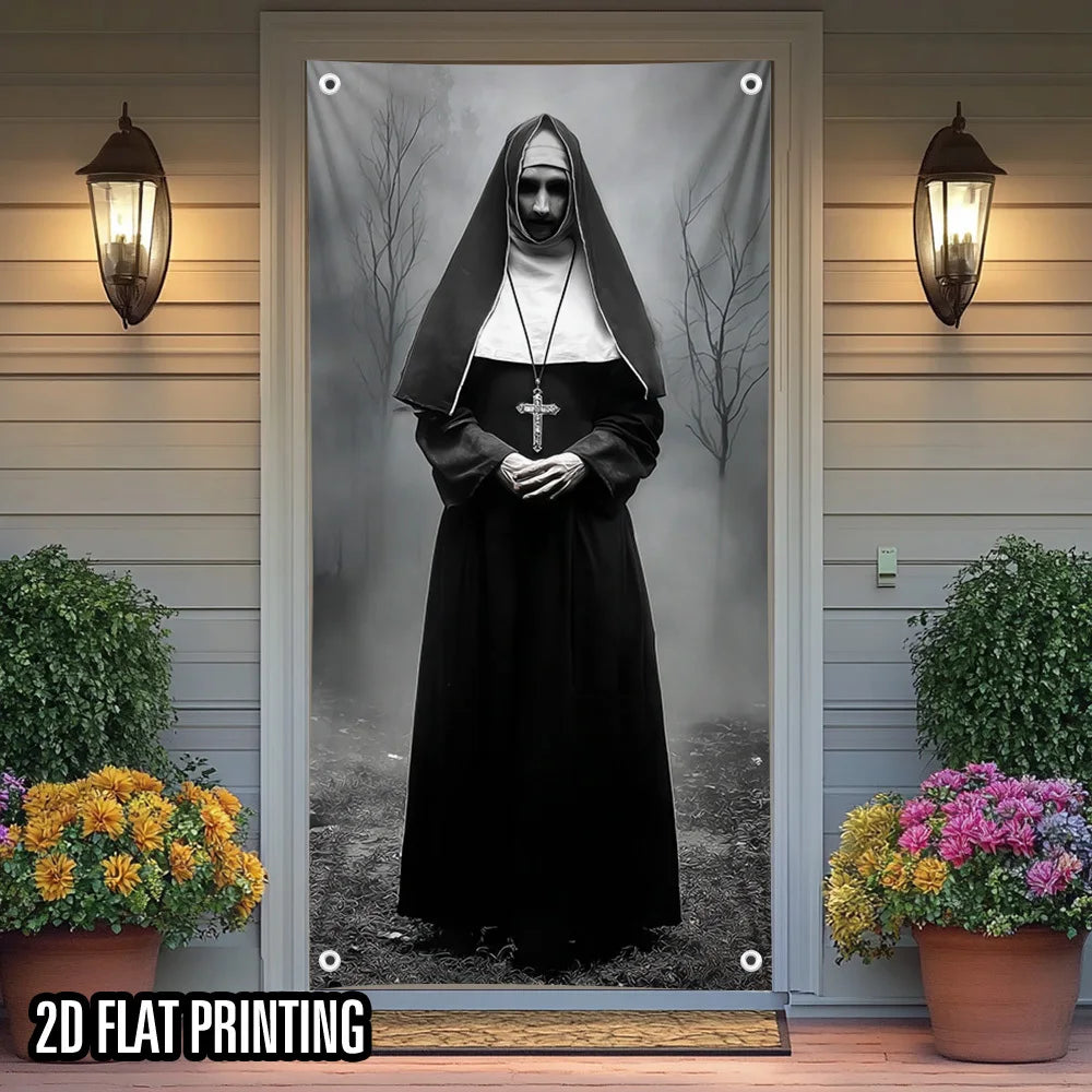 A vertical banner featuring a full-length image of a nun in a black habit and veil, displayed on a door.