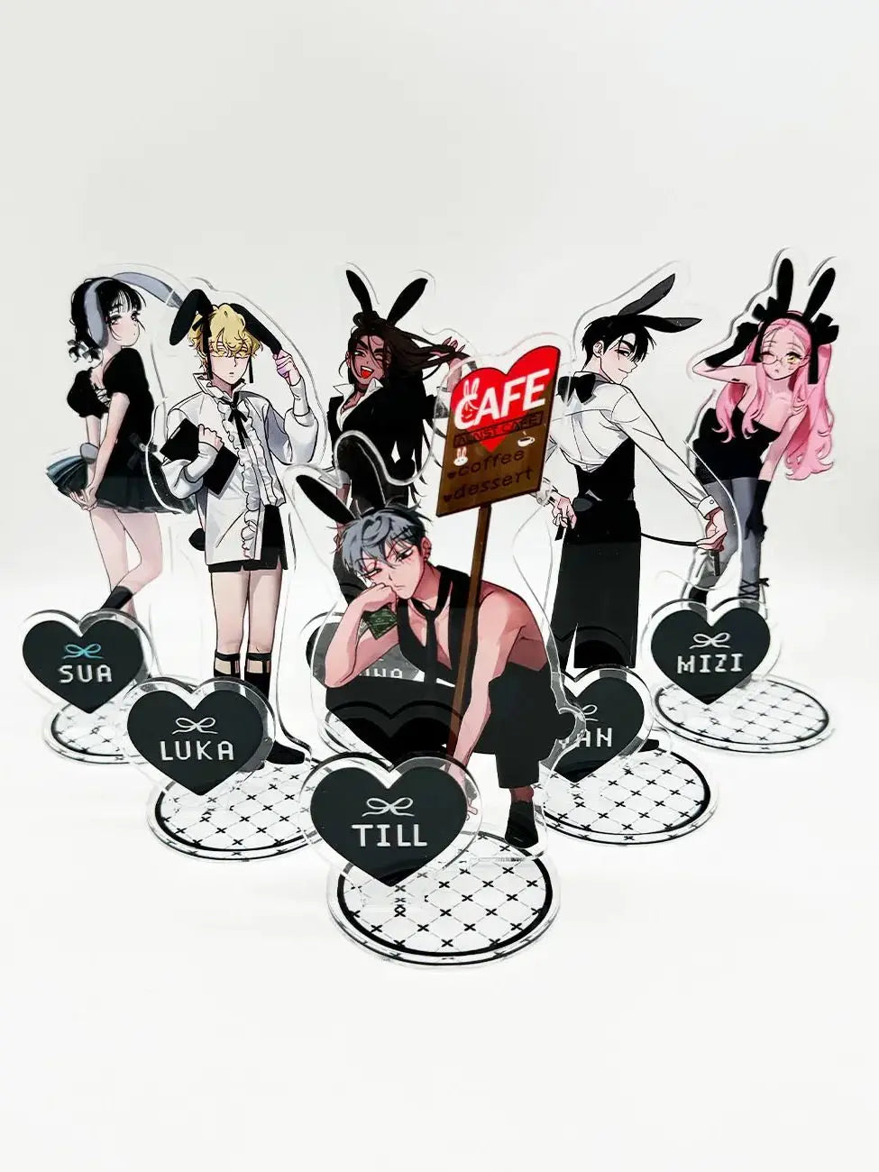 Acrylic keychain set featuring anime character pendants including characters from Cafe and Till