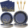 A set of navy blue and gold disposable party tableware including plates, forks, and napkins.
