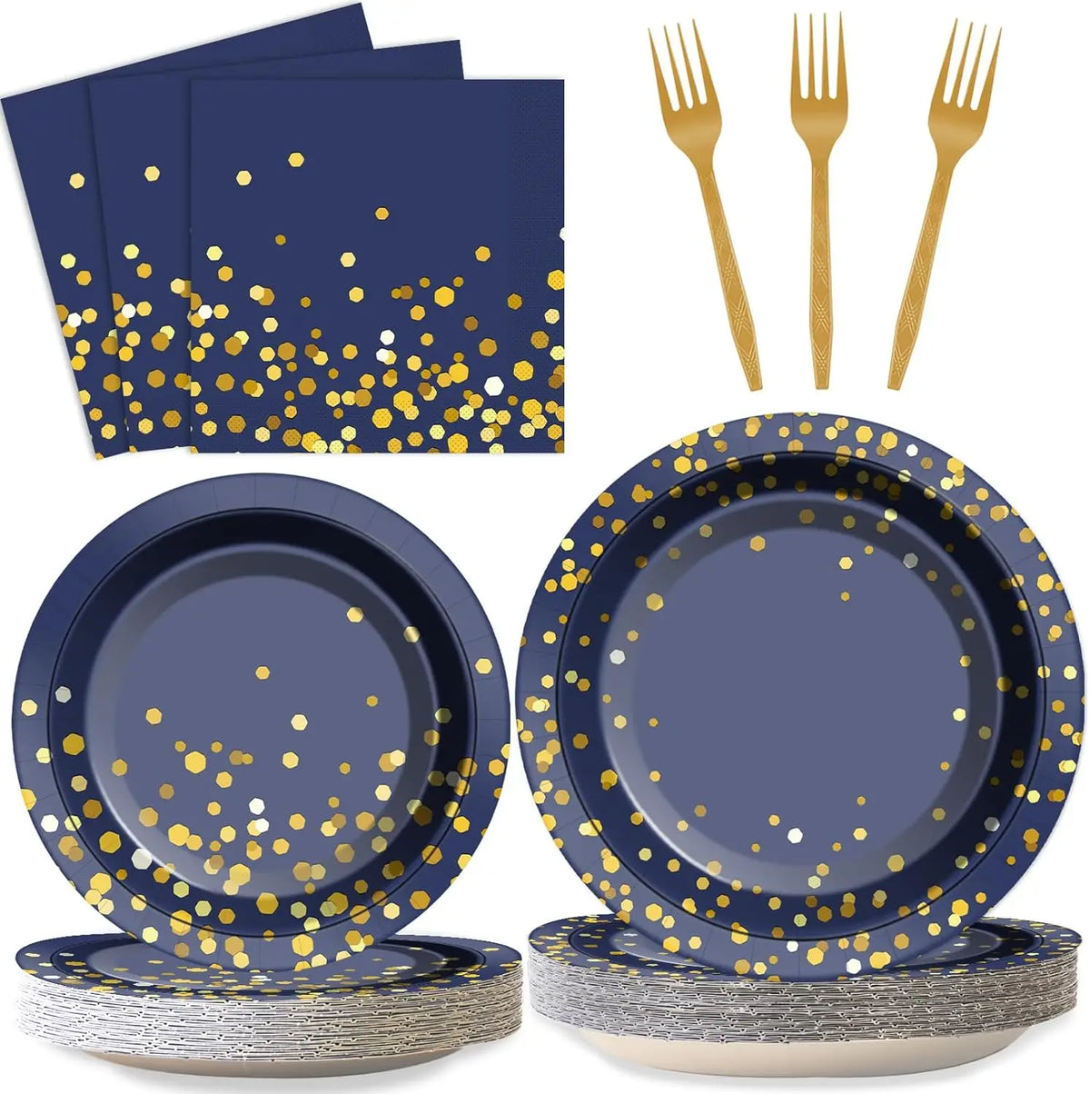 A set of navy blue and gold disposable party tableware including plates, forks, and napkins.