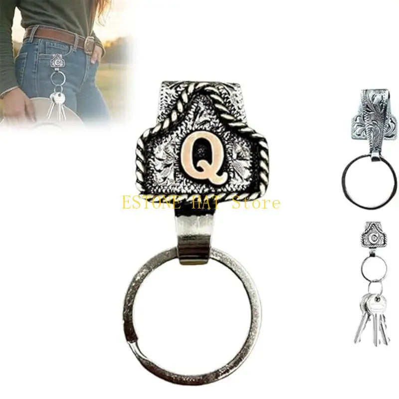 Silver metal belt keychain featuring a textured square charm with the letter Q and a circular ring.