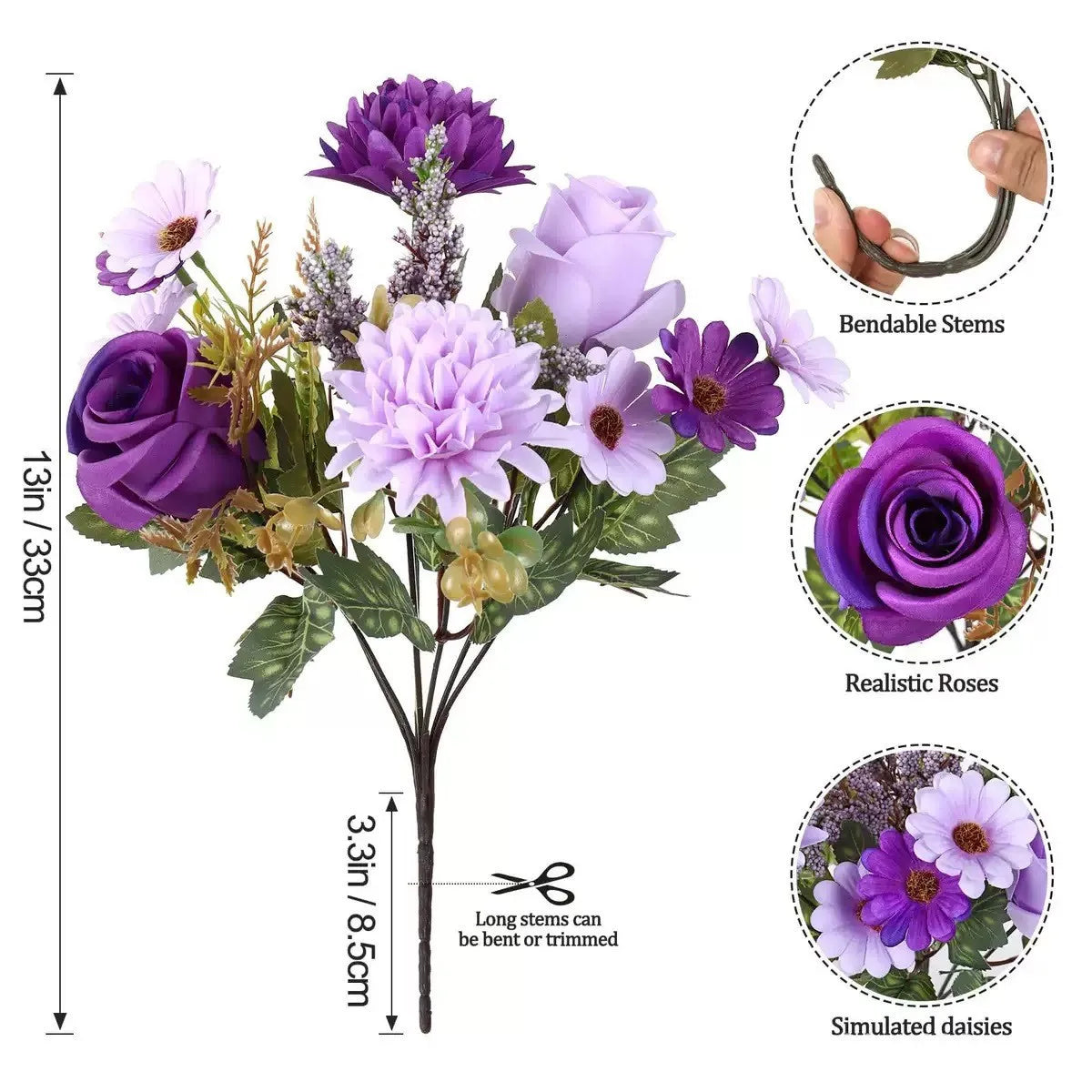 Artificial mixed flower bouquet featuring purple roses, pink daisies, and lavender accents.