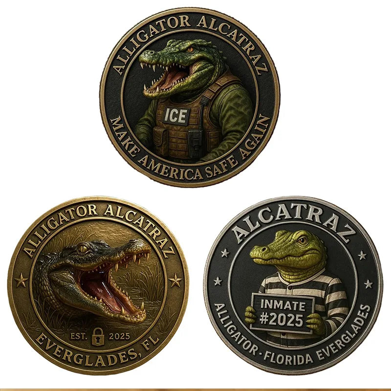 A collectible coin featuring an alligator wearing a vest, with text reading Alligator Alcatraz and Est. 2025 Everglades, FL.