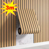 A close-up of self-adhesive 3D wood grain wall panels installed on a vertical surface.
