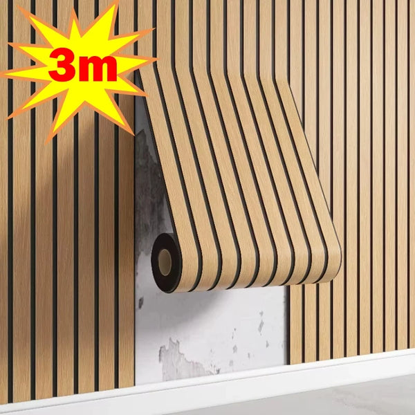 A close-up of self-adhesive 3D wood grain wall panels installed on a vertical surface.