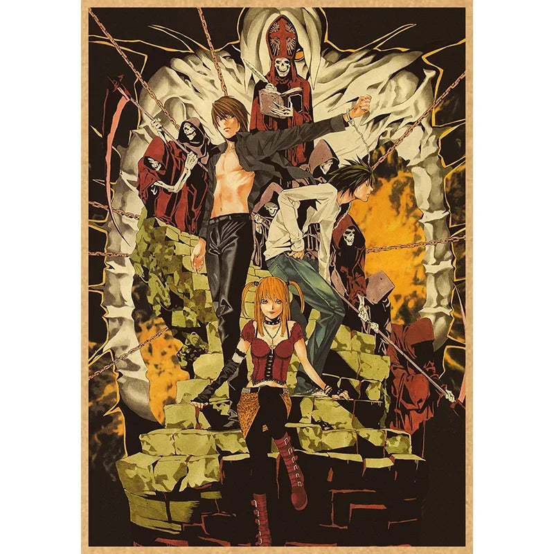 Anime artwork featuring characters from Death Note in a dramatic, dark style with an ornate frame.