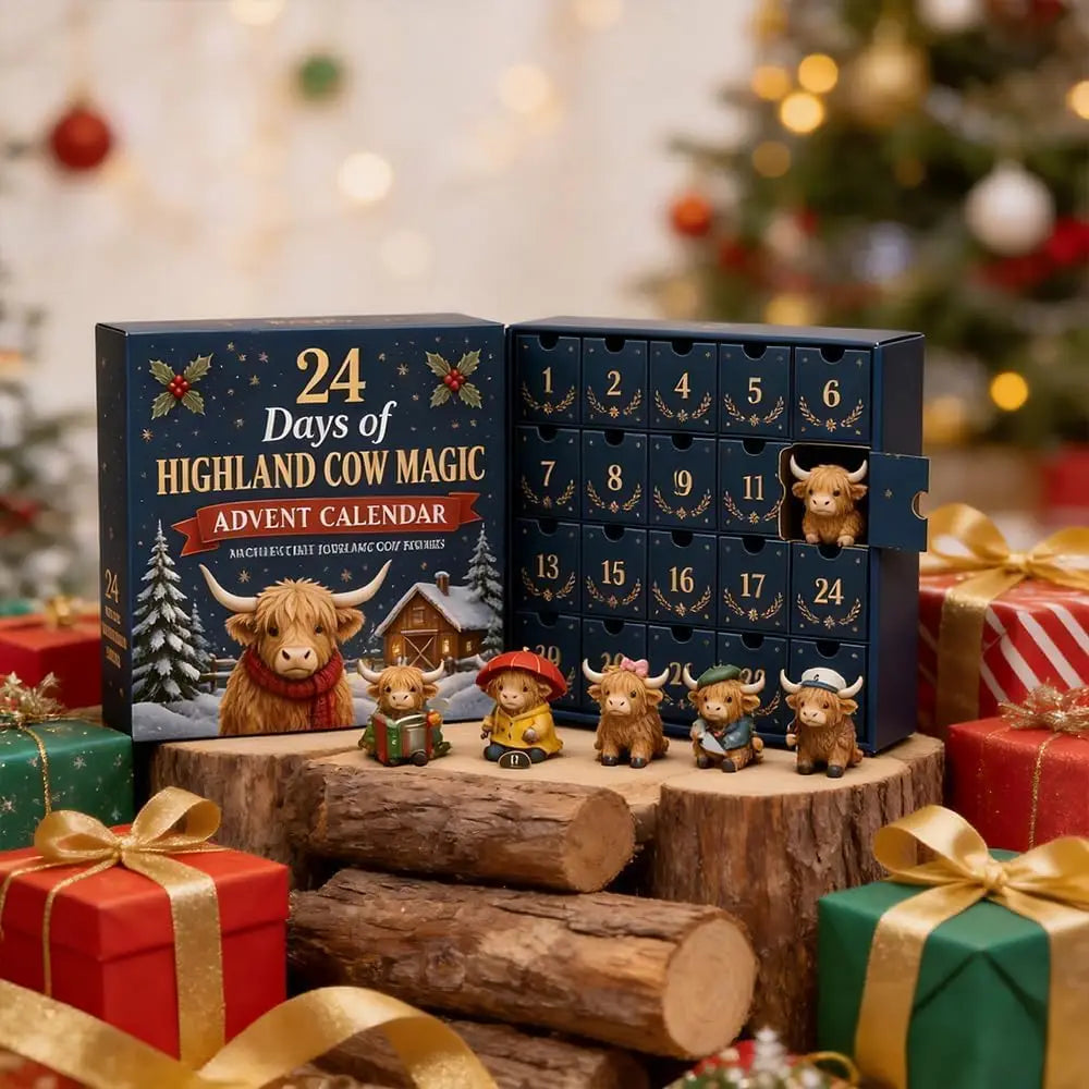 A box of a 24-day Christmas advent calendar featuring Highland cow figurines and wooden logs.