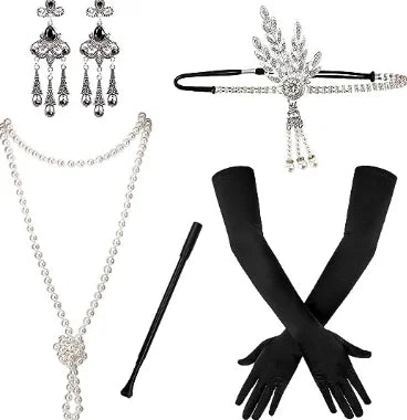1920s Gatsby Flapper Accessory Set with Headband, Gloves, Pearl Necklace & Cigarette Holder