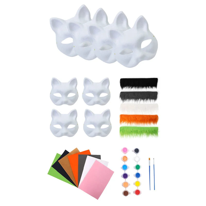 A kit for making DIY white pulp fox and cat masks, including masks, paint, and various colored fibers.